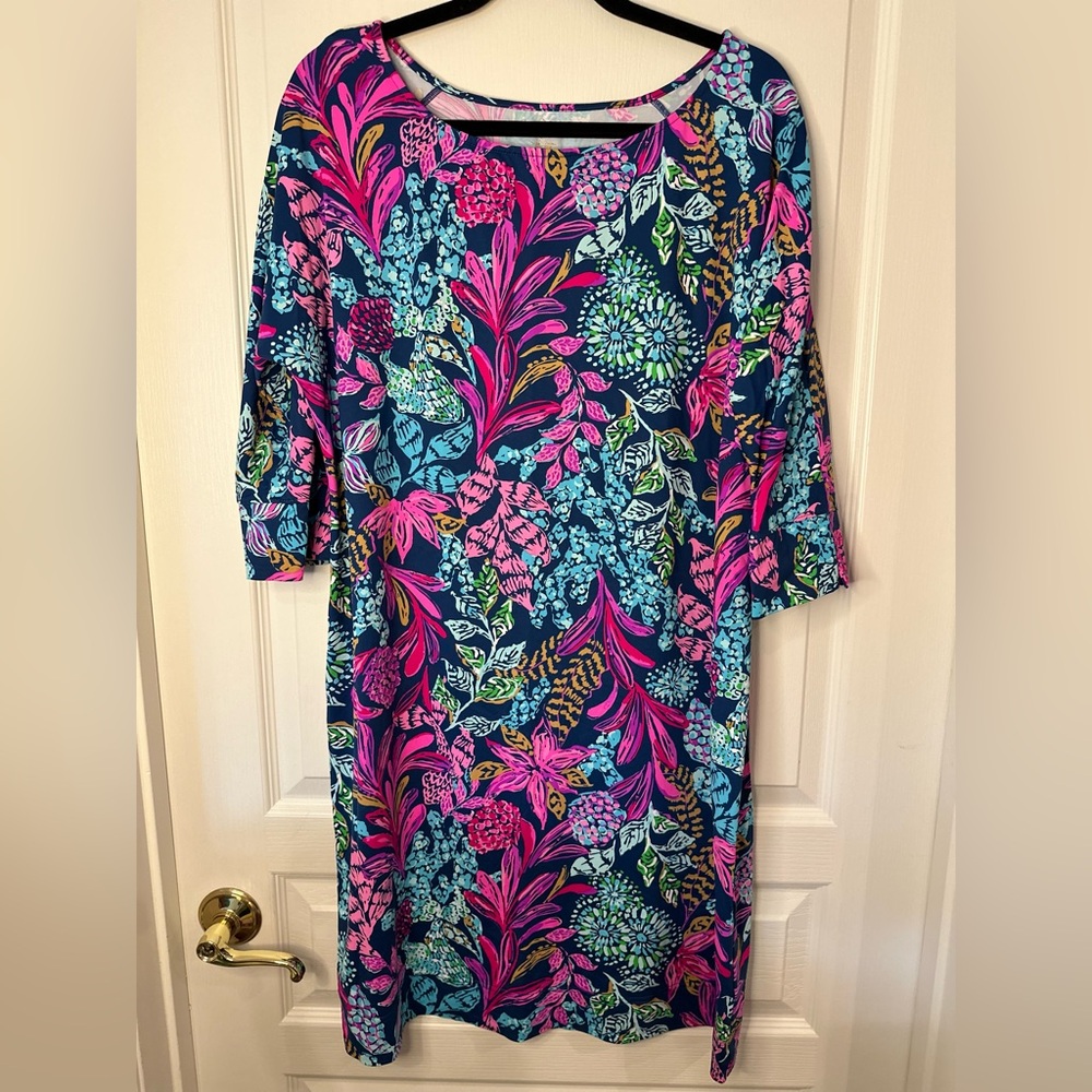LillyPulitzer Upf 50+ Chillylilly Braedyn Dress Aegean Navy Calypso Coast XL EUC